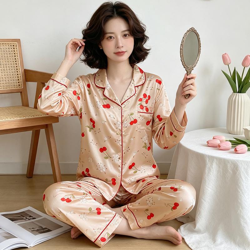 Sweet and high-value butterfly print ice silk pajamas women's ins loungewear long-sleeved trousers two-piece set