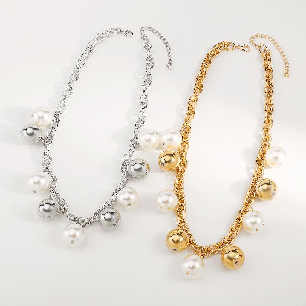 Exaggerated temperament fringed pearl pendant necklace punk thick chain metallic color matching collarbone chain
