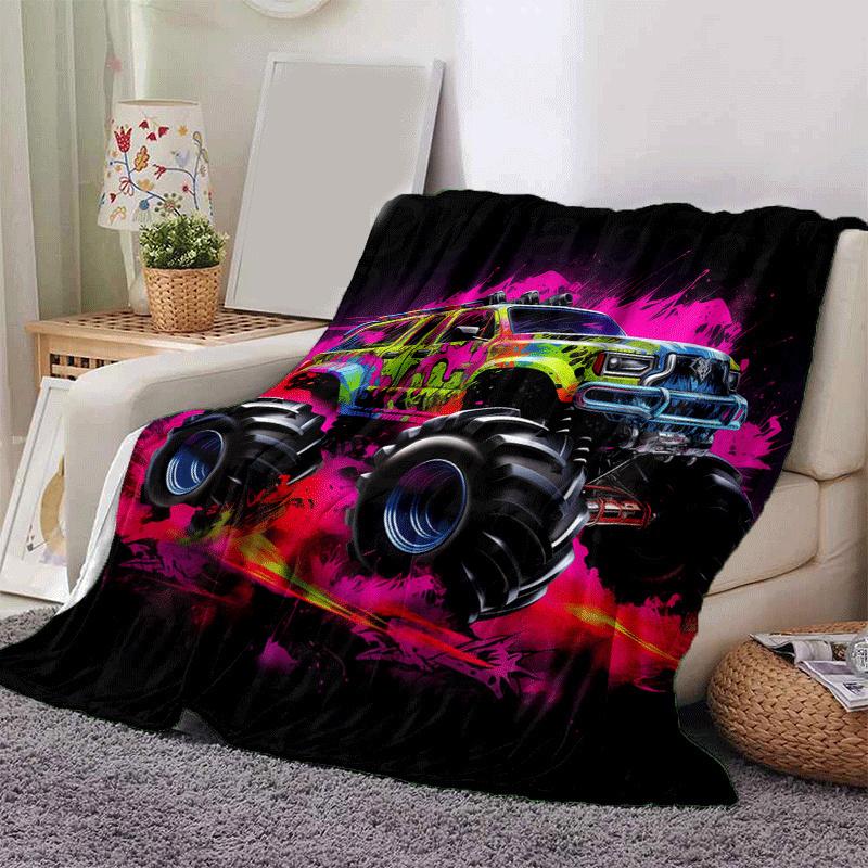 1pc Monster Truck Printing Lightweight Flannel Blanket, Comfortable and Warm Blanket, for Camping Sofa Bed and Couch Office, Suitable for Gif