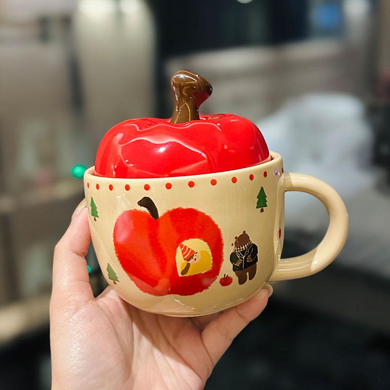 Creative Cartoon Apple Shaped Ceramic Mug with Lid Spoon Beautiful Couple Cup Valentine's Day Gift Souvenir