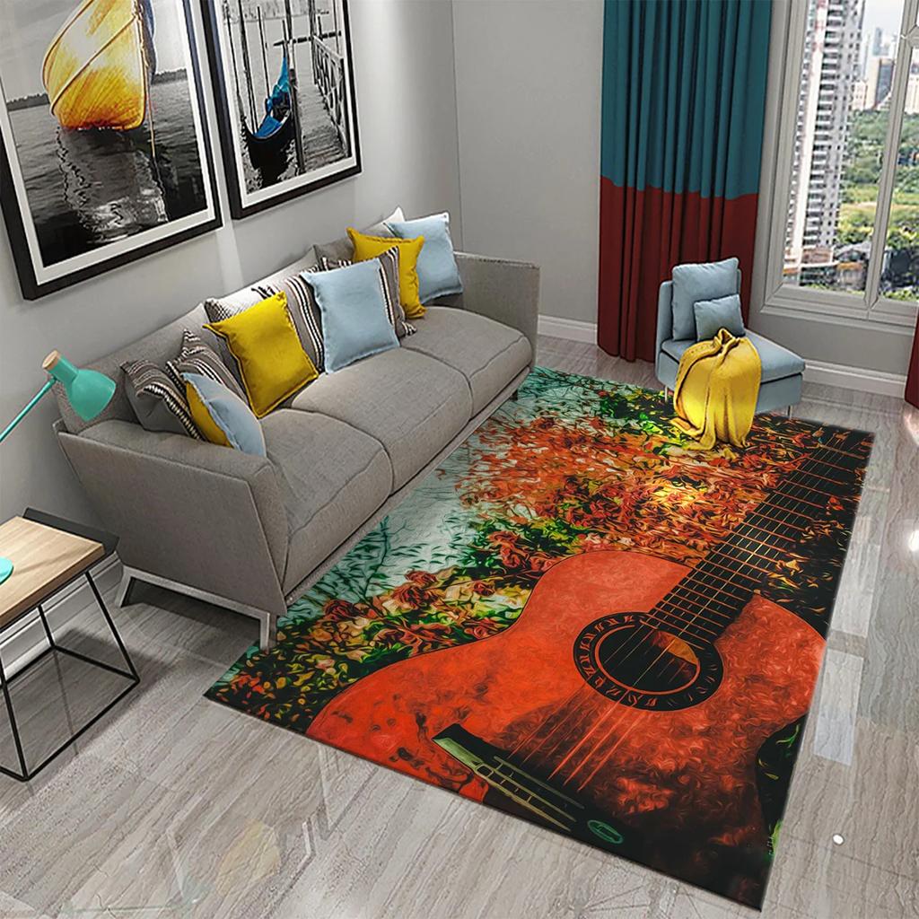 3D Water and Fire Guitar Carpet Music Enthusiast Carpets for Living Room Bedroom Decoration Kitchen Bathroom Non-slip Floor Mats