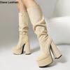 Ultra Thick Heel Knee High Boots Frosted Suede Leather Side Zipper Long Tube Platform New Size 35-47 Flocked Fashion Footwear