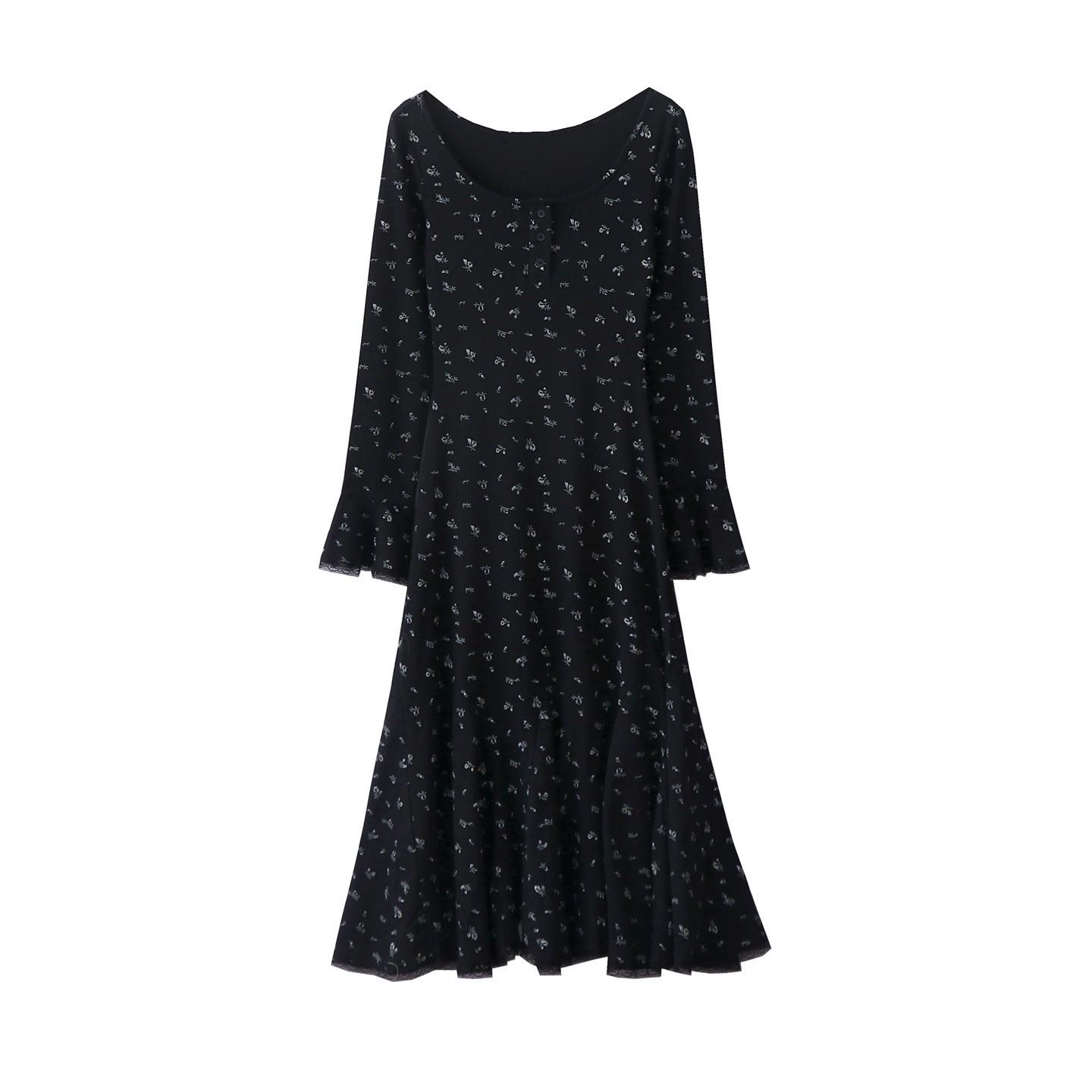 French Black Floral Slim-Fit Lace Trim Flare Sleeve Mermaid Dress One Size чёрный/цветочный