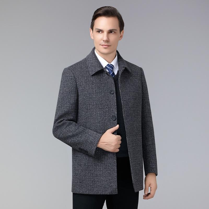 Men's Woolen Coat Mid-length Winter Velvet Thickened Wool Woolen Lapel Dad Coat