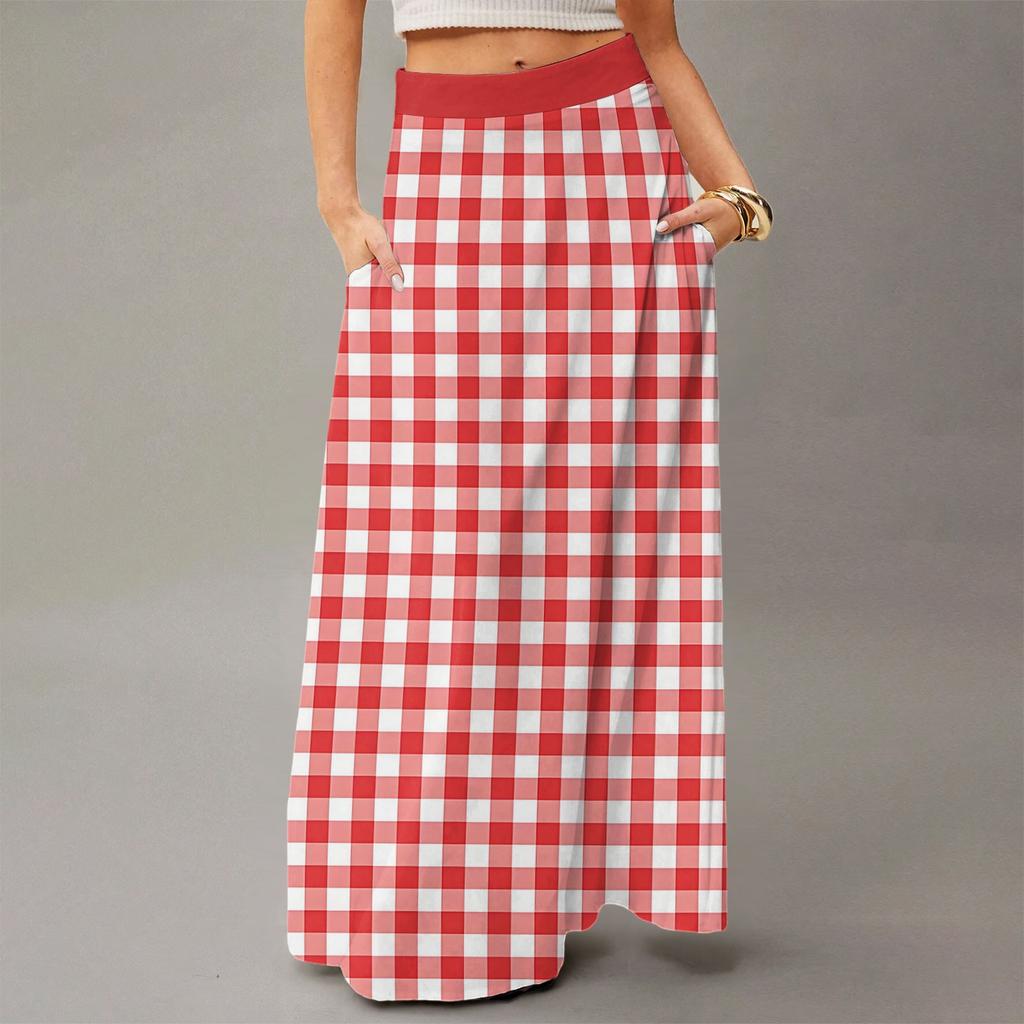 Damen Lässig Freizeit Faltbar Gestreift Kariert Druck Hohe Taille Mit Tasche Drapierter Entspannter Langer Maxi Rock