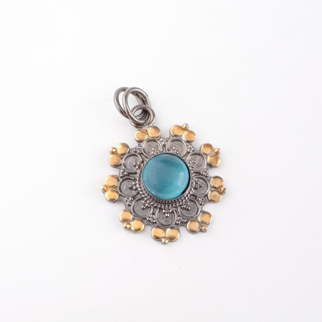 Blue Cat's Eye Gemstone 925Sterling Silver Jewelry Handmade Dainty Pendant1.26" PP-32-46
