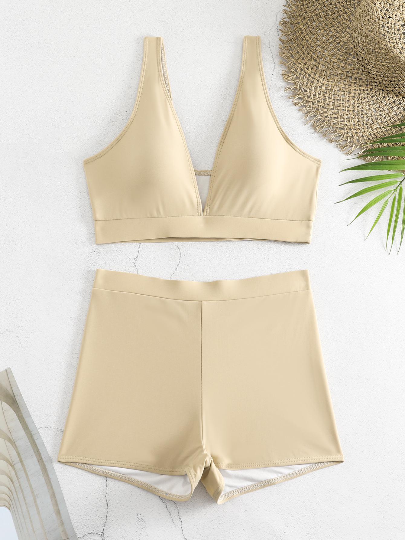 

Женский однотонный спортивный купальник бикини с глубоким V-вырезом и высокой талией Medium грязно-белый