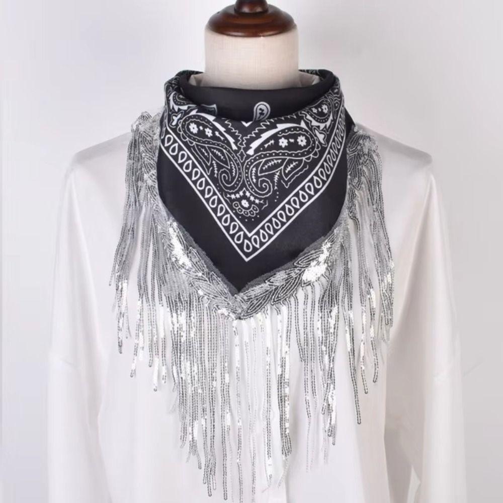 Sequin Design Sequin Bandanas Tassel Trim Head Scarf Western Accessory Fringe Bandanas