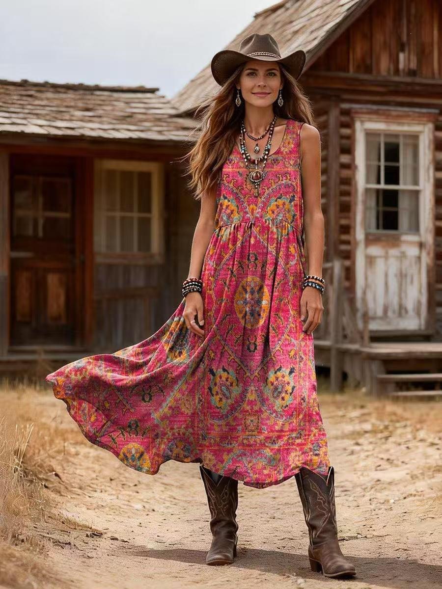 2026 Summer Vintage Bohemian Print Dress Station V-Neck Sleeveless Dress S