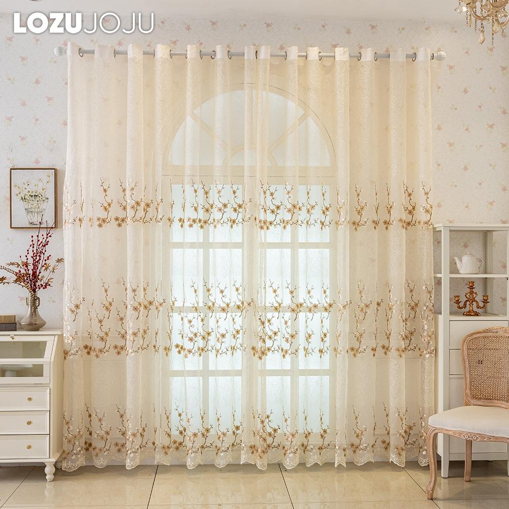 1PC LOZUJOJU European Retro Embroidered Sheer Curtain, Plum Blossom Pattern Transparent Curtain for Living Room Bedroom Balcony Window Home Decor