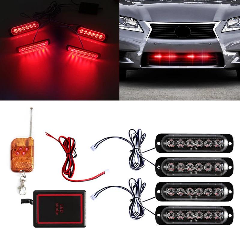 4PCS Grill Car LED Light Strobe Red Blue Emergency Remote Wireless Control Flash Signal Fireman Beacon Warning Lamp Yellow White