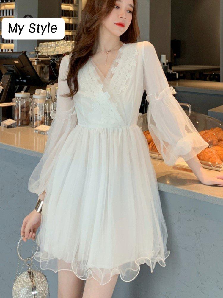 

Новое весеннее французское сетчатое кружевное платье с v-образным вырезом в стиле супер фея, женское повседневное короткое праздничное платье