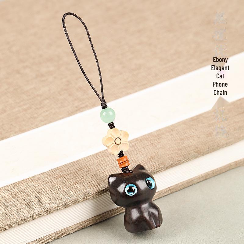 Ebenholts Katt Nyckelring Hänge - Söt Parberlock för Telefoner & Väskor