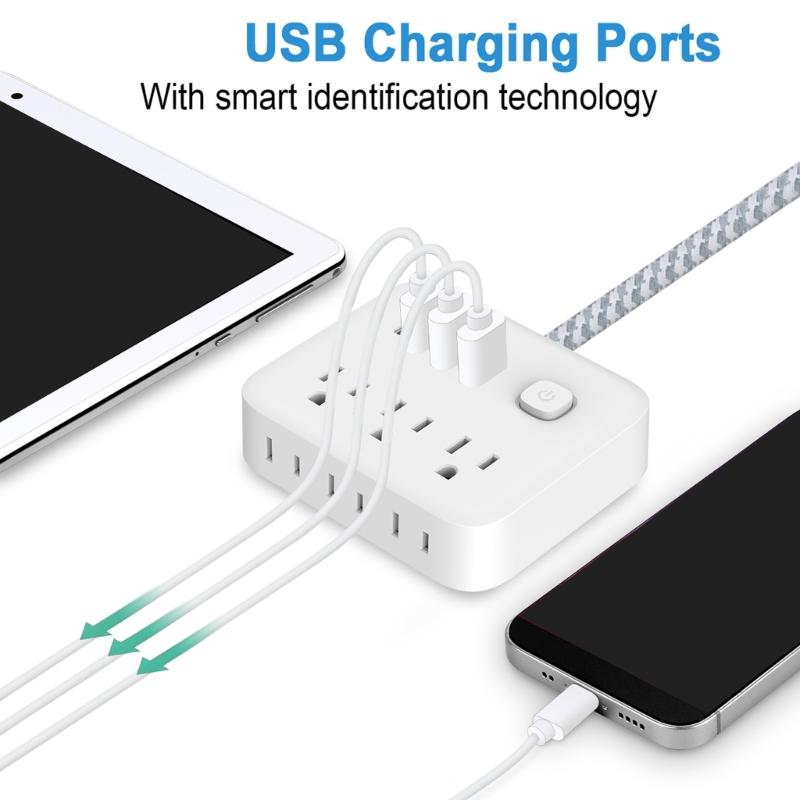Travel Power Station with 3 Outlets 4 USB Port Flexible Cable For Home Office Safety Efficient Design