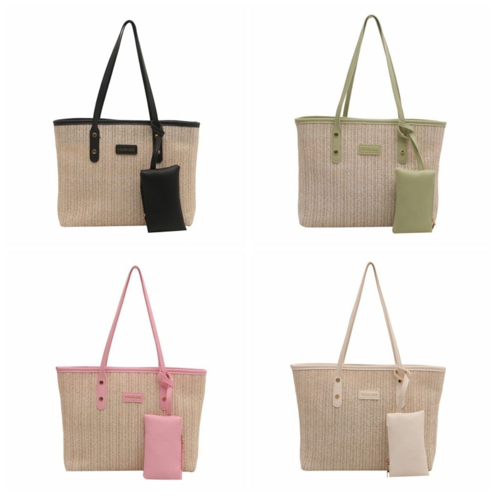 PU Weave Tote Bag Solid Color Beach Straw Handbag Simple Straw Shoulder Bag  Women