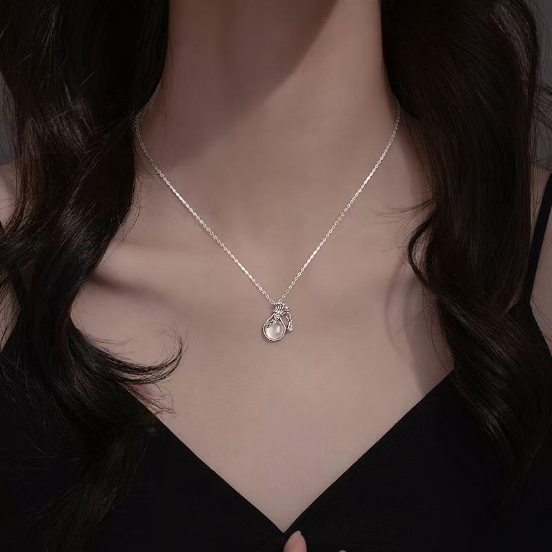 S925 Sterling Silver Ruyi White Chalcedony Lucky Bag Necklace - Niche Design Gift for Women, Friends, or Girlfriend