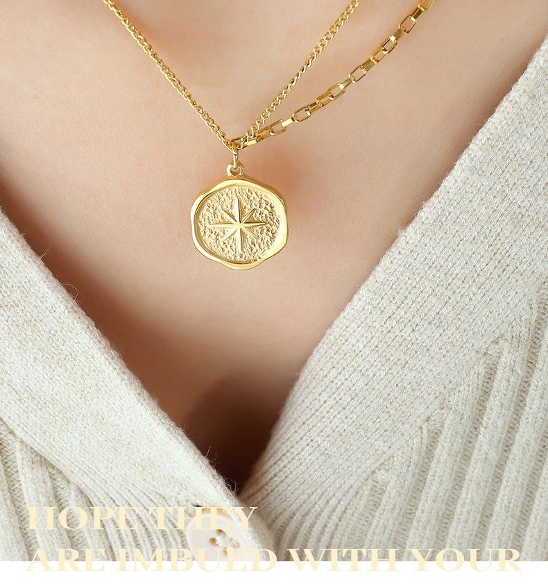 French Niche Eight-Pointed Star Pendant Necklace, Double Chain, 18K Gold-Plated Titanium Steel Clavicle Chain Jewelry P574