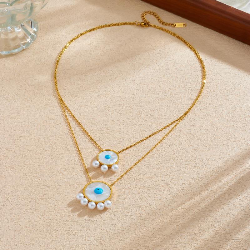 Gold Plated Stainless Steel Layered Evil Eye Pearl Necklace золотой