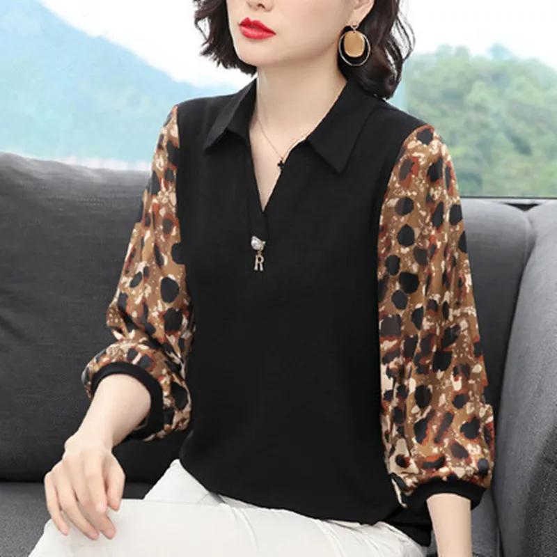 Women Spring Summer Casual Turn-down Collar Shirts Lady Plus Size Patchwork Chiffon Tops
