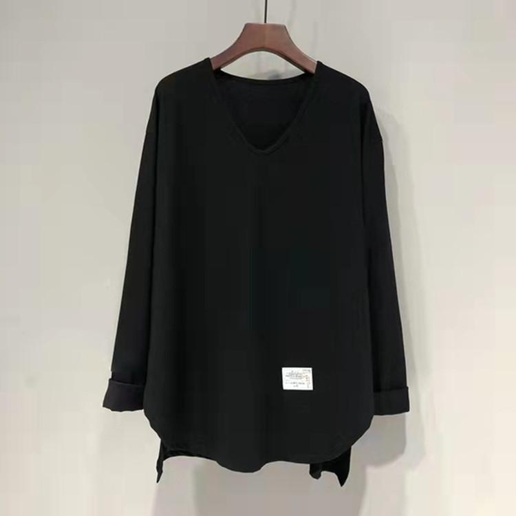 Irregular White Long-sleeved T-shirt for Women's Spring and Autumn Large Size Loose Mid-length Pure Cotton V-neck Base Shirt Underwear