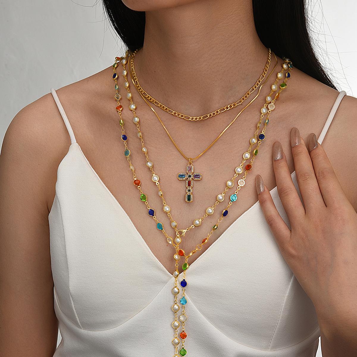 

17KM 4 Piece Fashion Colored Cross Necklace Set Jewelry Women Trendy Shiny Daily Party Gift For Her