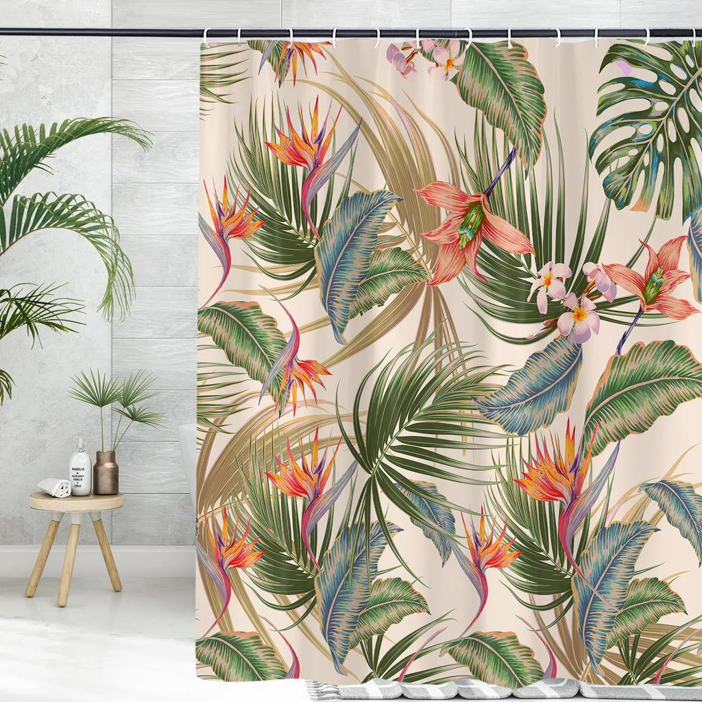 Tropical Shower Curtain Colored Leaves Flower Palm Leaf Hawaiian Plant Bathroom Curtain Tarpaulin Shower Curtain With Hook