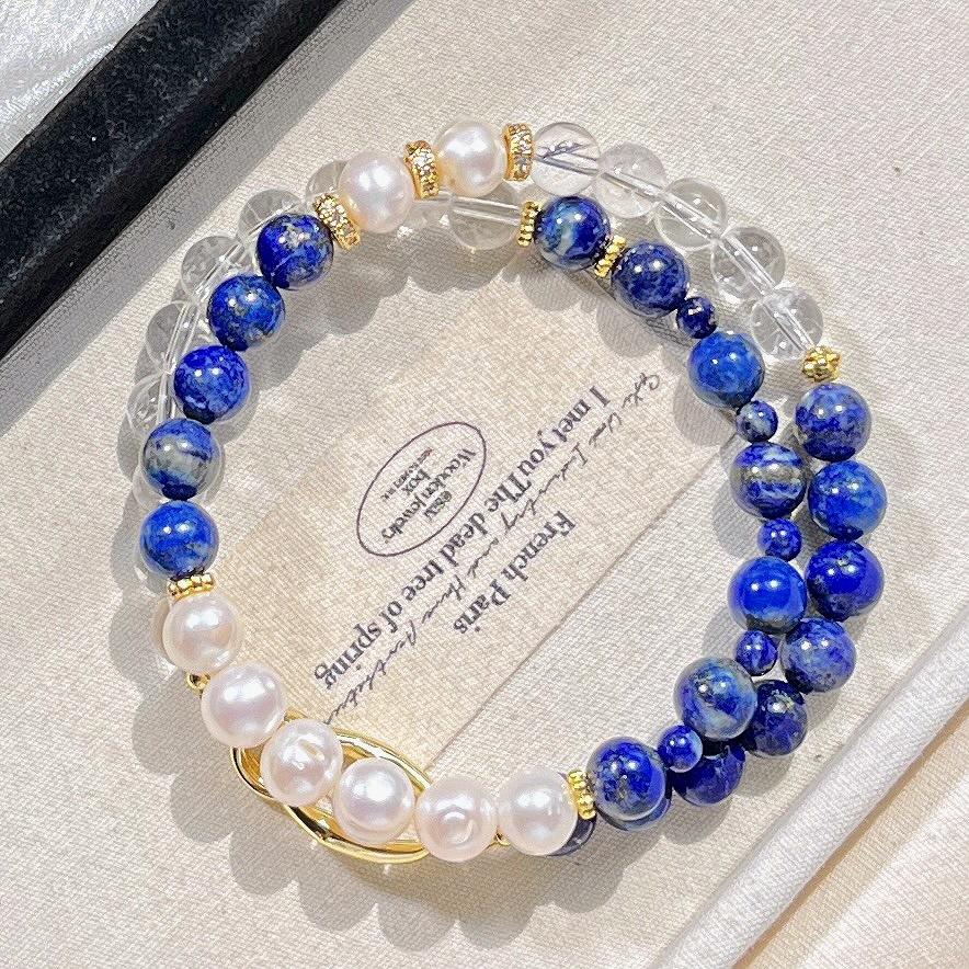 Natural Freshwater Pearl White Crystal Lapis Lazuli Design Sense Necklace Collarbone Chain Sweater Chain