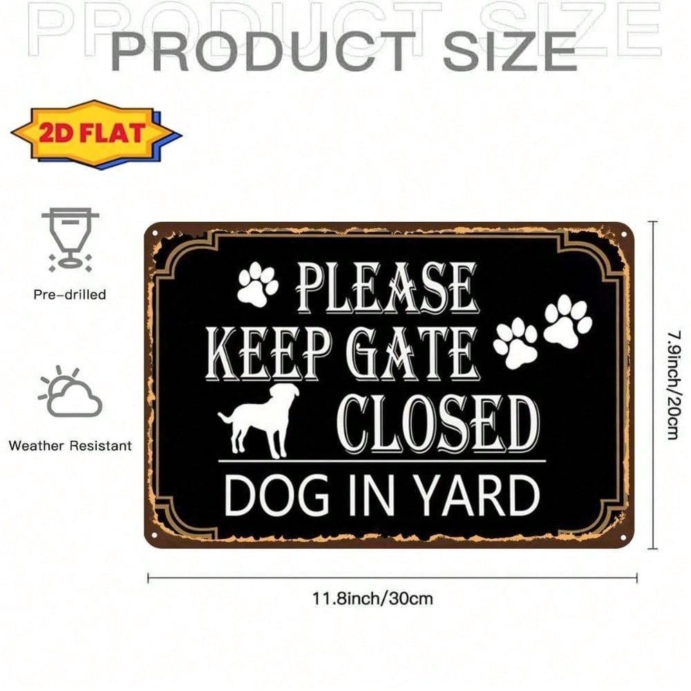 Vintage Keep Gate Closed Dog Sign, 2D Flat Iron Wall Decor, Pre-Drilled Holes for Home Office Kitchen