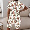 Women Plus Size Round Neck Short Sleeve Printed Longline Top Fitted Shorts Two Piece Pajama Set