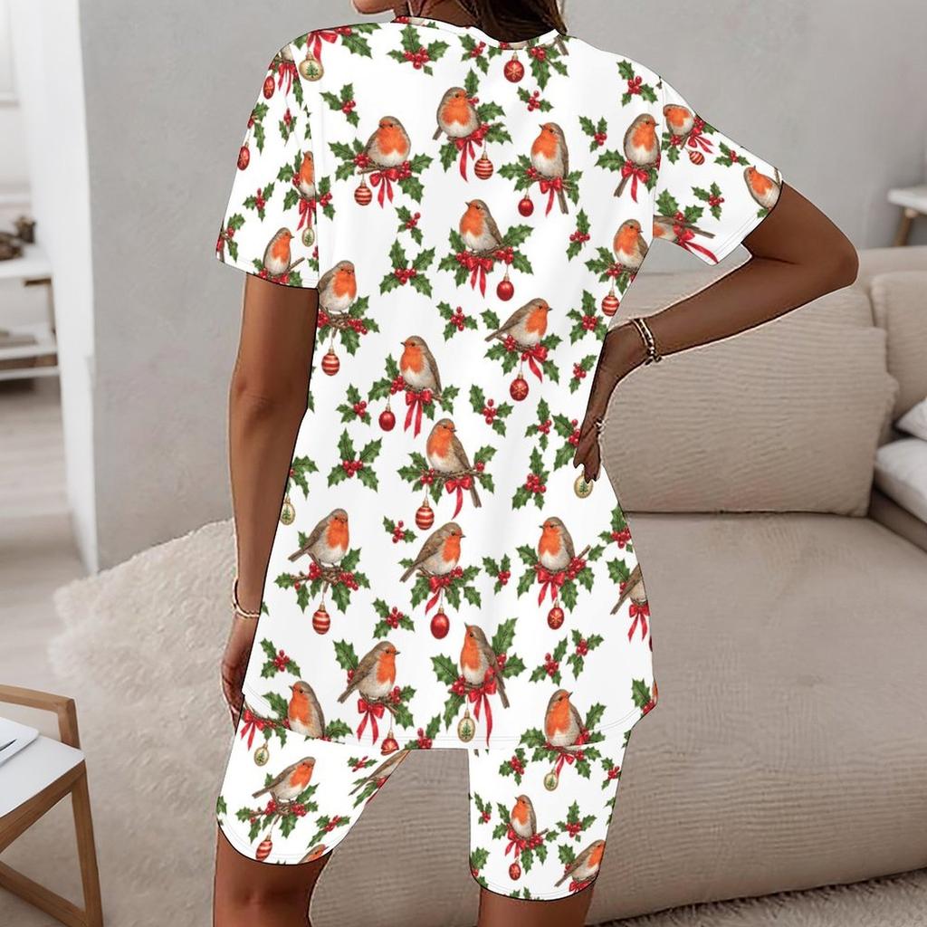 Women Plus Size Round Neck Short Sleeve Printed Longline Top Fitted Shorts Two Piece Pajama Set