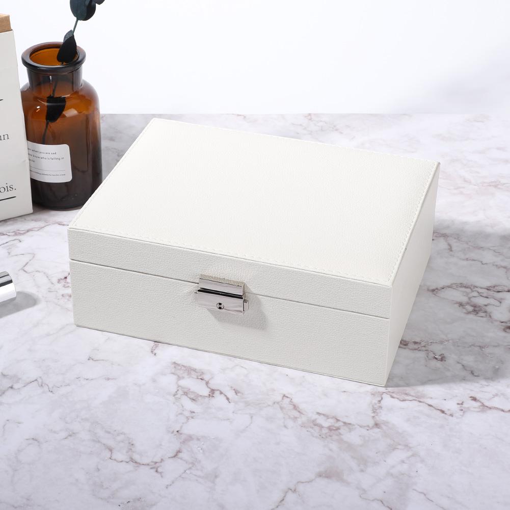 Double Layer Jewelry Earrings Rings Bracelet Necklace Box PU Organizer Storage (White)