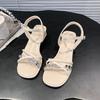 Open-toed rhinestone sandals summer new fashion thick heel square head one-button versatile women's shoes