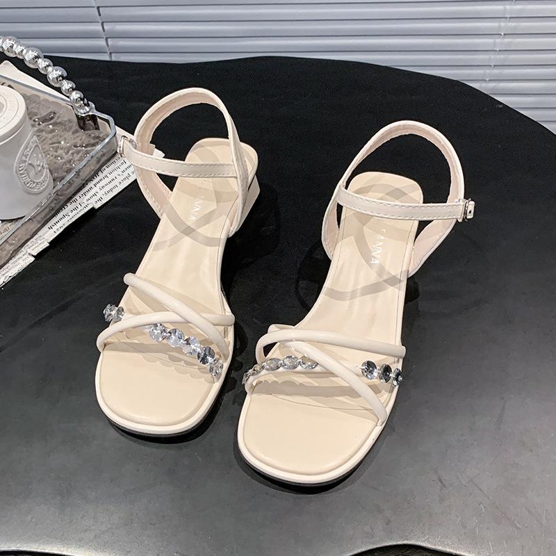 Open-toed rhinestone sandals summer new fashion thick heel square head one-button versatile women's shoes