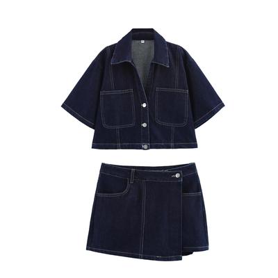 Eurpoean Style Denim Shirt with Pocket Decoration and Double Lapel Skirt Pants - Spring Collection