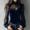 Women's Corset Mesh Top Sweetheart Neck Sheer Long Sleeve Lace Look Slim Going Out Blouse