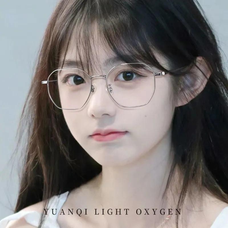 Ultra-light sweet royal polygonal gold wire myopia glasses for women, professional with degree lenses, plain face and thin eye frame