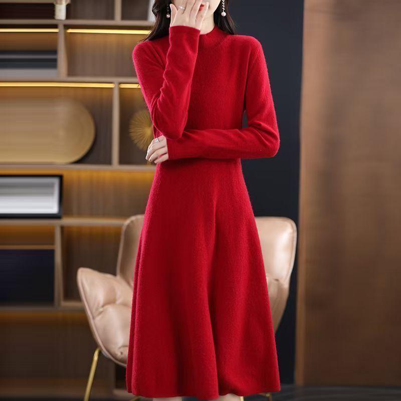 Knee-length Sweater Dress Women's Half Turtleneck Knitted Long Dress Slimming Mid-length Knitted Sweater for Autumn and Winter