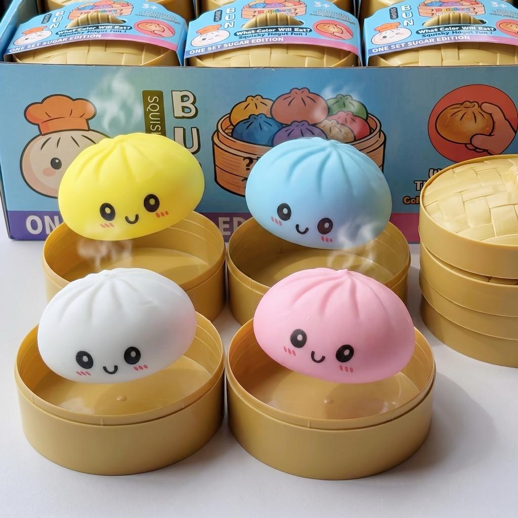 4Pcs Healing Smiley Baozi Dumpling Squishy Toy With Steamers Cute Fake Food Squeeze Toys Slow Rising Sensory Fidget Relief Toy