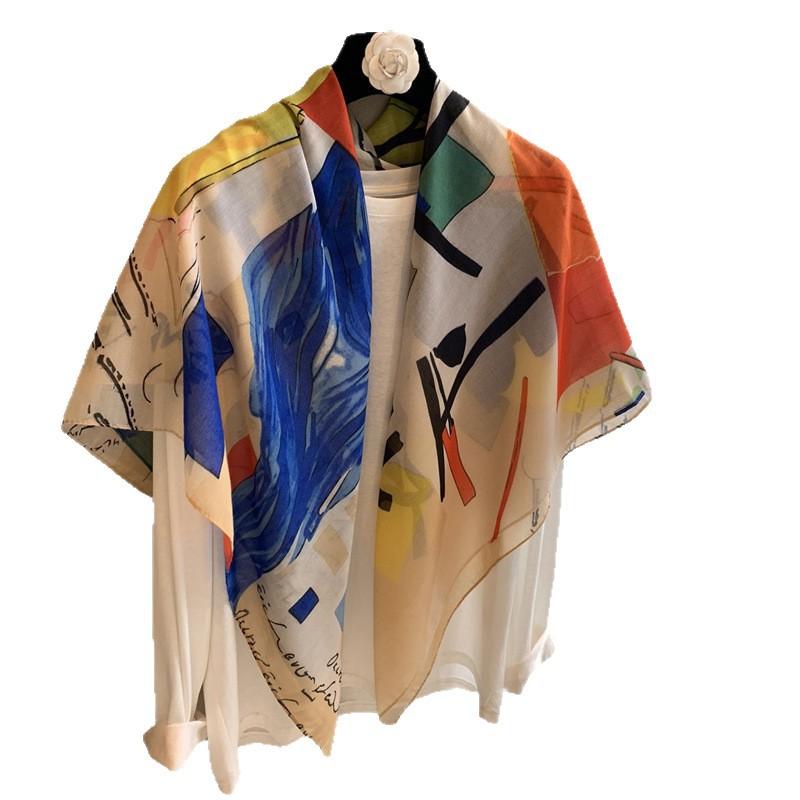 Square Scarf Silk Scarf Spring And Autumn Fashion Foreign Style Long Yarn Scarf Versatile Outer Scarf Sunscreen Contrasting Color Graffiti Shawl Silk
