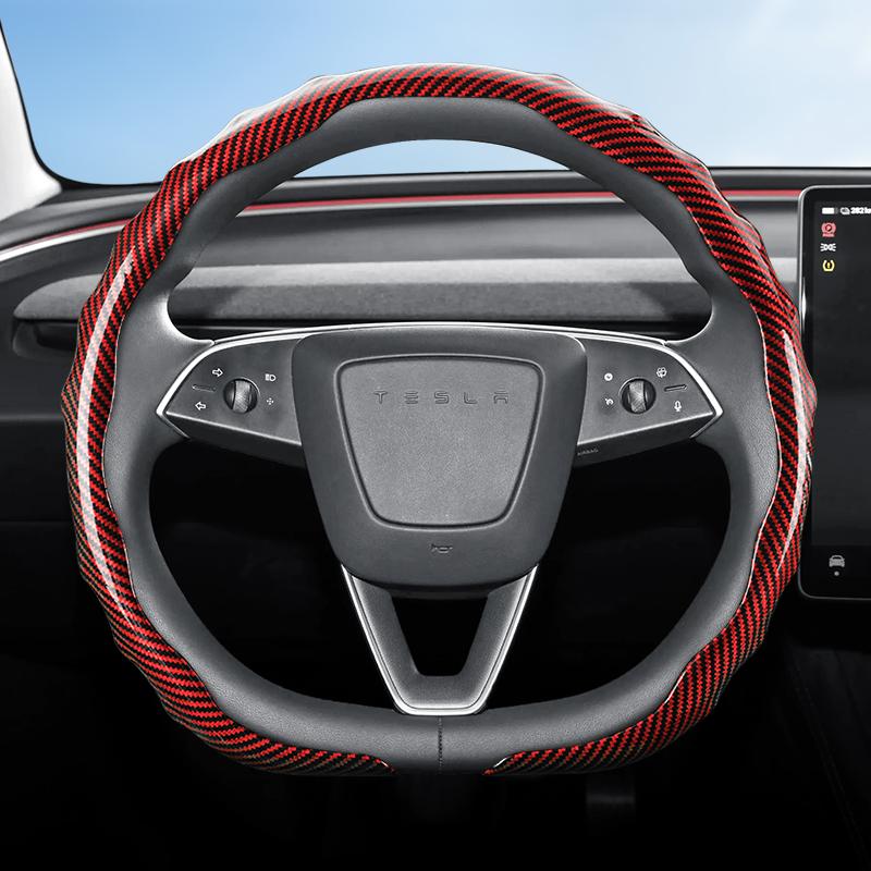 Suitable for Tesla Carbon Fiber Texture Steering Wheel Cover, Snap-On Wave-Shaped Sporty Design, Durable Protective Case Suitable for Model 3 Y S X