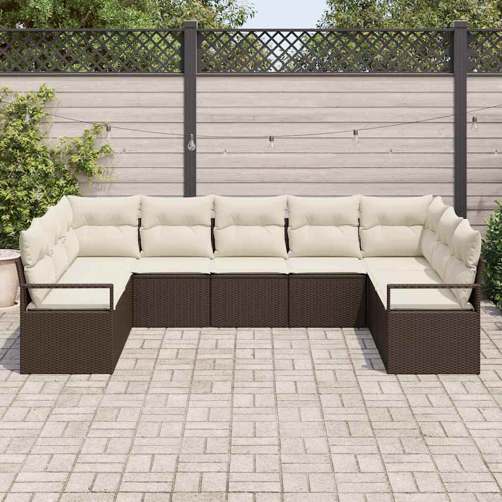 9 Piece Brown Poly Rattan Sofa Set with Cushions