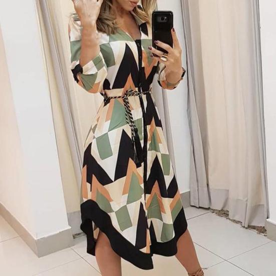 Women's Button Down V-Neck Midi Dress Long Sleeve Lace-Up Printed Dress Summer Casual Outfit for Daily Wear Vacation Club Cocktail Party