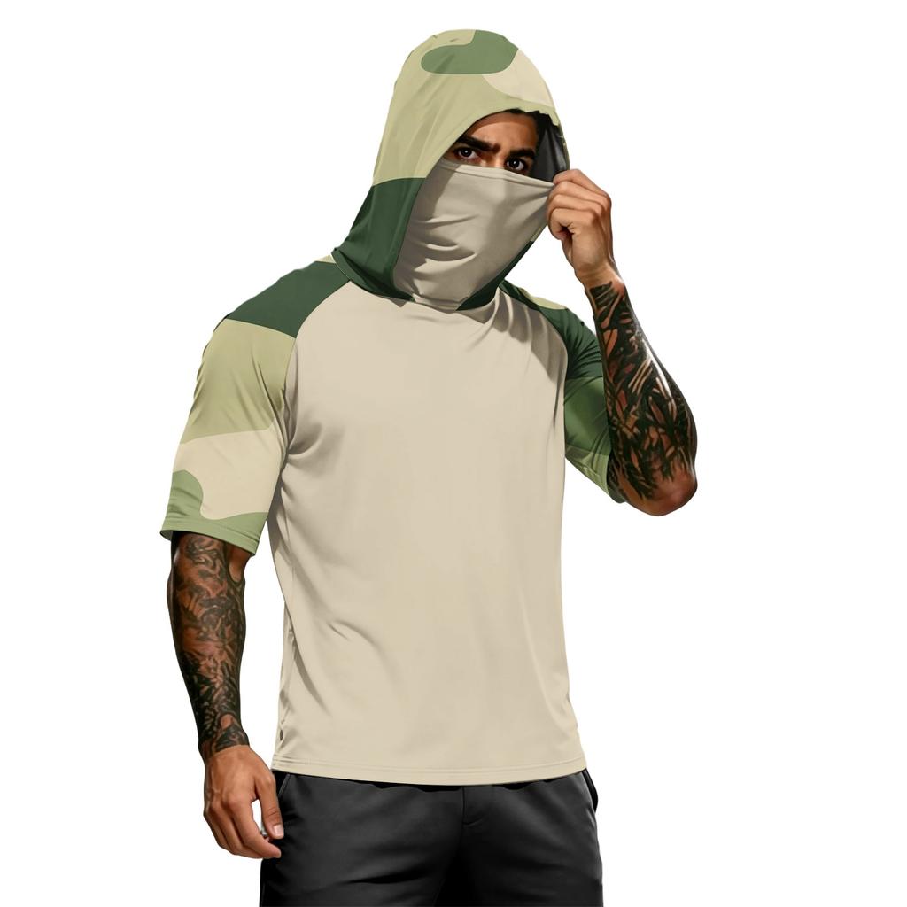 Camiseta con Capucha de Manga Corta para Hombre Casual Estampado de Camuflaje Manga Raglán Pulóver Top Ligero para Deportes al Aire Libre