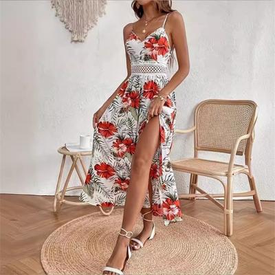 Summer European And American Style Ladies New Holiday Style Elegant Flower Print Dress Tight-fitting Waist Split Suspender Long Skirt