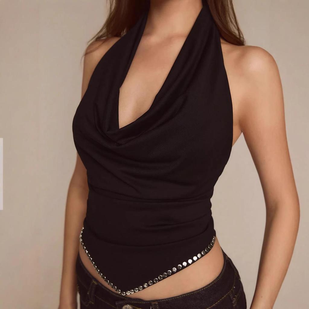 Spicy Style Black Halter Neck Backless Camisole with Pleats & Rivet Accents
