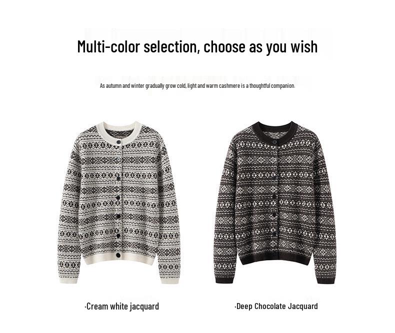 Women's Winter 2026 Fair Isle Cashmere Jacquard Cardigan – Thick, Warm, Versatile Round Neck Outerwear