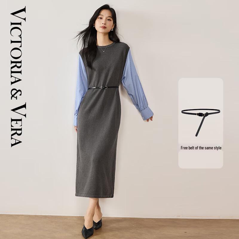 

VICTORIA&VERA Women s Faux Two-Piece Slit Midi Shirt Dress S