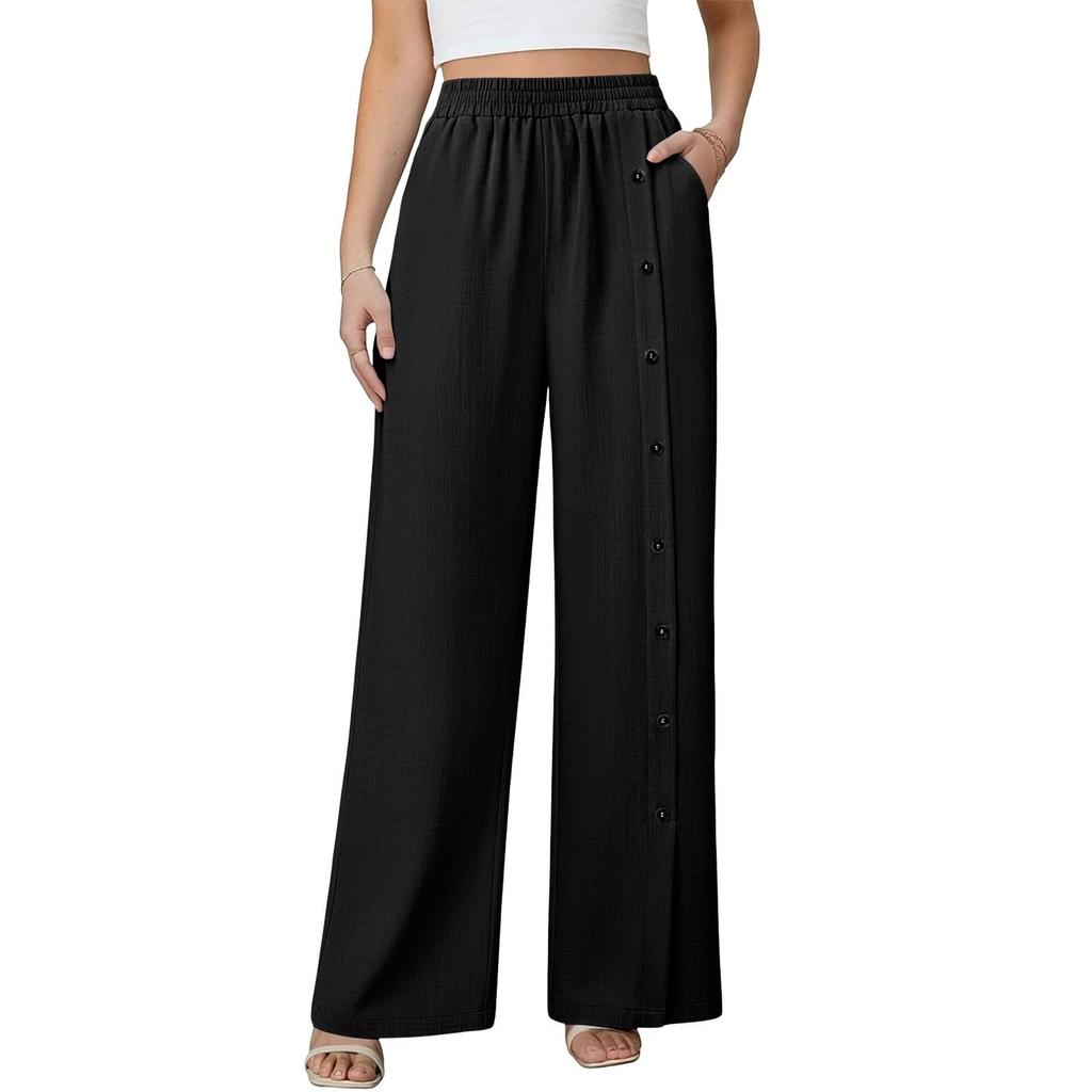 Women's Fashionable Color Button Elastic Waist Straight Tube High Waist Pocket Cotton Linen Casual Pants