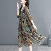 Kvinner Midi-kjole Plissert trykt Løs Hem Knapp Dekor Patchwork Dress Up V-hals Vintage Dame Sommerkjole Kvinnelige klær