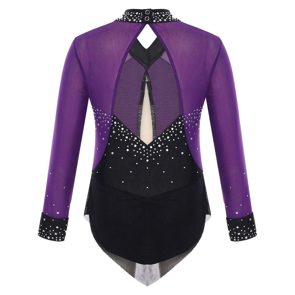 Kids Girls Ballet Dance Leotard Dress Figure Skating Rhythmic Gymnastics Bodysuit Shiny Rhinestones Mesh Skirted Jumpsuit